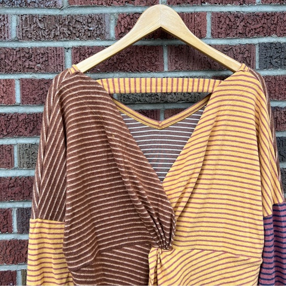 White Birch Mustard Yellow and Light Brown Striped Colorblock Back Twisted Top - Picture 8 of 8